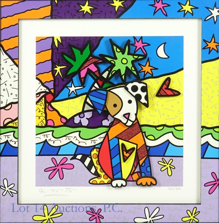 Romero Britto Framed Lovely II 2017: Britto, Romero Lovely II 2017, 22 1/2" x 22 1/2", Visible Art inside Britto Matte approximately 18 1/4" x 18 1/4". Black Frame approximately 28 1/4" x 28 1/4". Three-dimensional serigraphy constructio