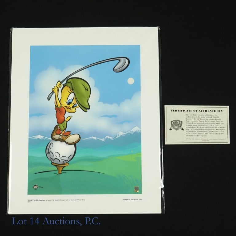 Giclee Print Tee-Off Tweety Warner Brothers: Giclee Print Tee-Off Tweety Warner Brothers. This giclee of Tweety Bird entitled "Tee-Off Tweety" was published by Toon Art in 2004. Measurements: 20" x 16". Not mounted or framed, it is in a plastic 