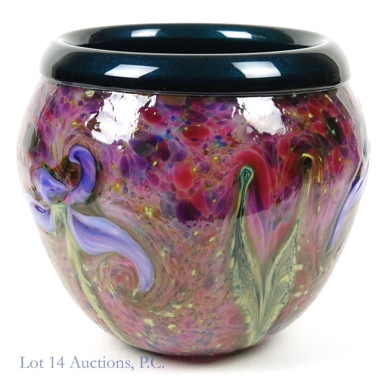 Charles Lotton MultiFlora Purple Cypriot Bowl: Charles Lotton (1935 - 2021) Art Glass Cypriot purple iris bowl - turquoise aventurine interior with rolled lip. Signed along the bottom rim by the artist and dated 2015 - inscribed "Multi Flora" acro