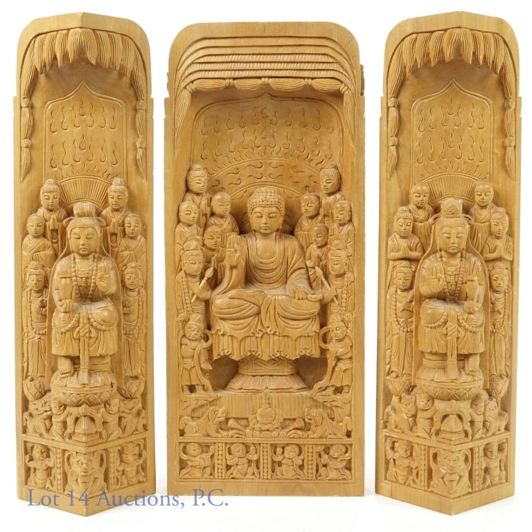 Buddhist Carved Wood Triptych (20th c): Buddhist carved wood triptych. 20th century. Finely carved 3-piece set with Buddhist figures. Each piece is 8.25" (21 cm) tall. Total weight of all three pieces: 2.3 pounds (1.0 kg).
