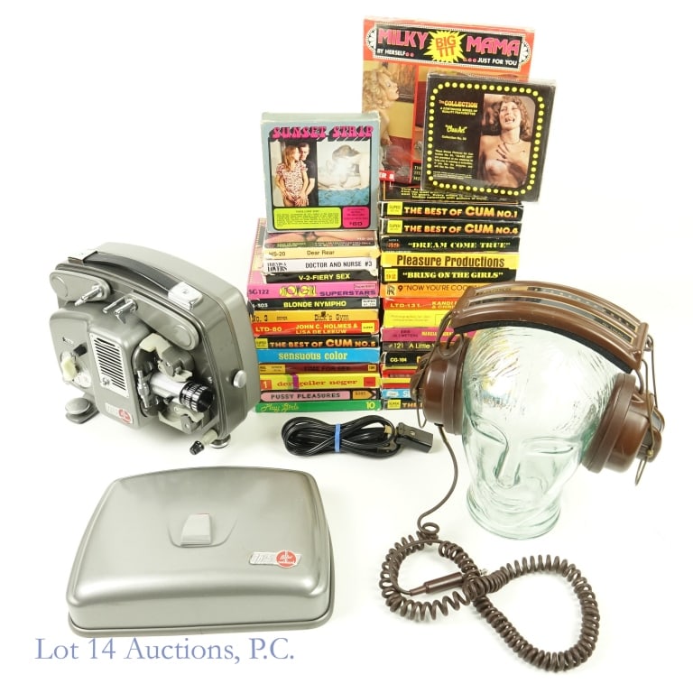 Bolex 18-5 Projector, Adult 8mm Films (31): Bachelor Party kit - Bolex 18-5 Projector, Adult 8mm Films (31). Bolex 18-5 projector with headphones. Made in Switzerland in 1965. Collection of 31 adult 8mm films of assorted titles. See photos for