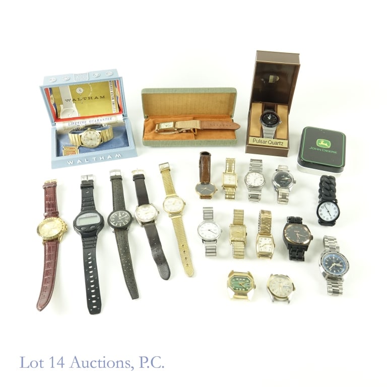 Mens Wristwatches (21): Collection of 21 men's wristwatches - various conditions - some working, some not. One is John Deere branded (new old stock). One appears to be a Waltham in original box. Pulsar Quartz (new old stock)