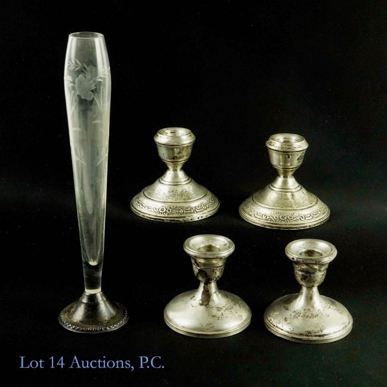 Weighted Sterling Silver Candle Holders + Vase: Four (two pairs) of weighted sterling silver candle holders. Combined weight of the four pieces is 2.2 pounds (1025 grams). ***** Crystal flower vase with weighted sterling base. 10" tall and approxim
