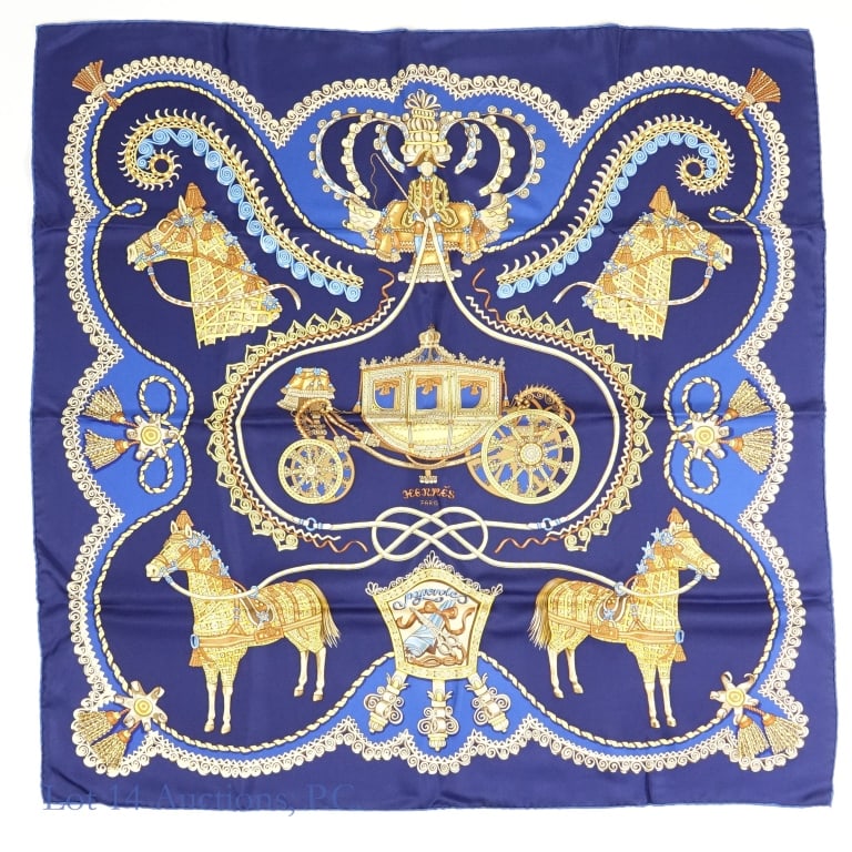 Hermes Silk Scarf Carre 90 Paperole Blue: Hermes silk twill scarf Carre 90 Paperole Carriage and Aristocrat Royal Blue and Gold. designed by Claudia Stuhlhofer-Maye with hand rolled edges. 34.5" x 33.5" Excellent condition, with original box.