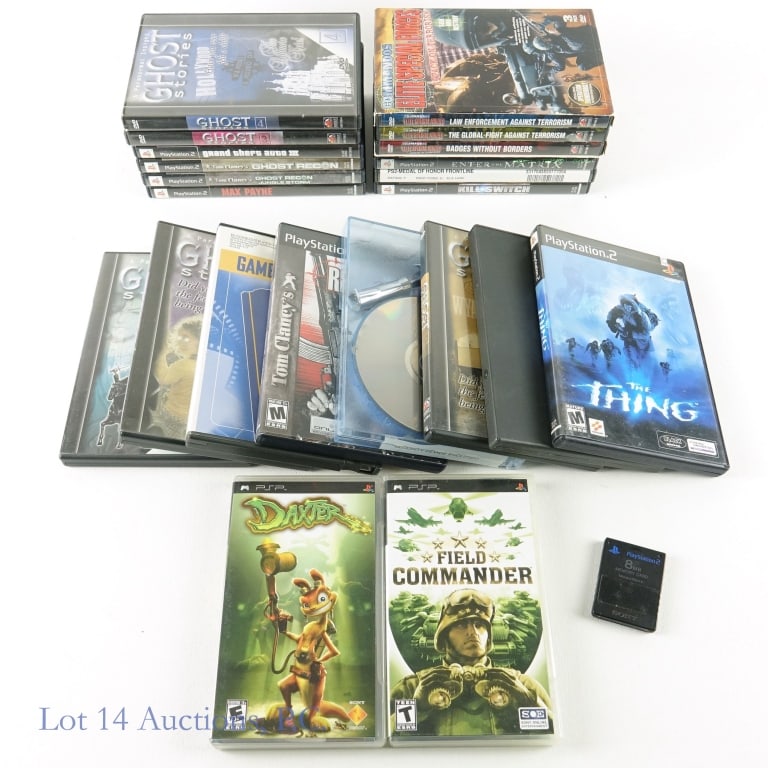 Play Station 2 + Portable Games + DVDs: All games are untested. For Play Station Portable (PSP): Daxter (case, instructions, disc) *** Field Commander (case, instructions, disc).For Play Station 2 (PS2): SOCOM II US Navy Seals (replacement