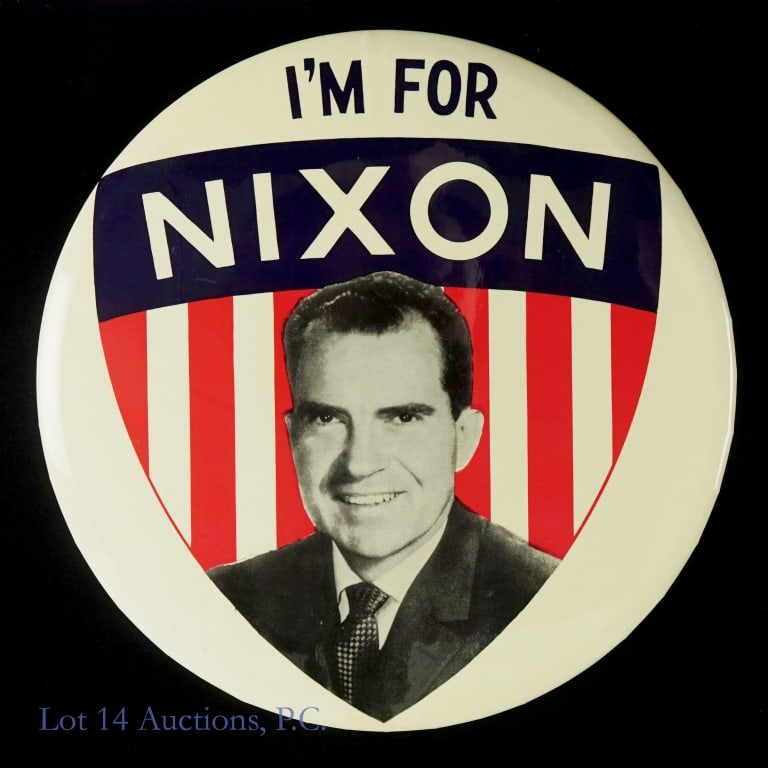 1964? 9" I'm For Nixon Campaign Pin: 1964? 9" Richard Nixon Campaign Pin with red, white and dark blue/black with portrait of Nixon. Reads "I'm For Nixon".