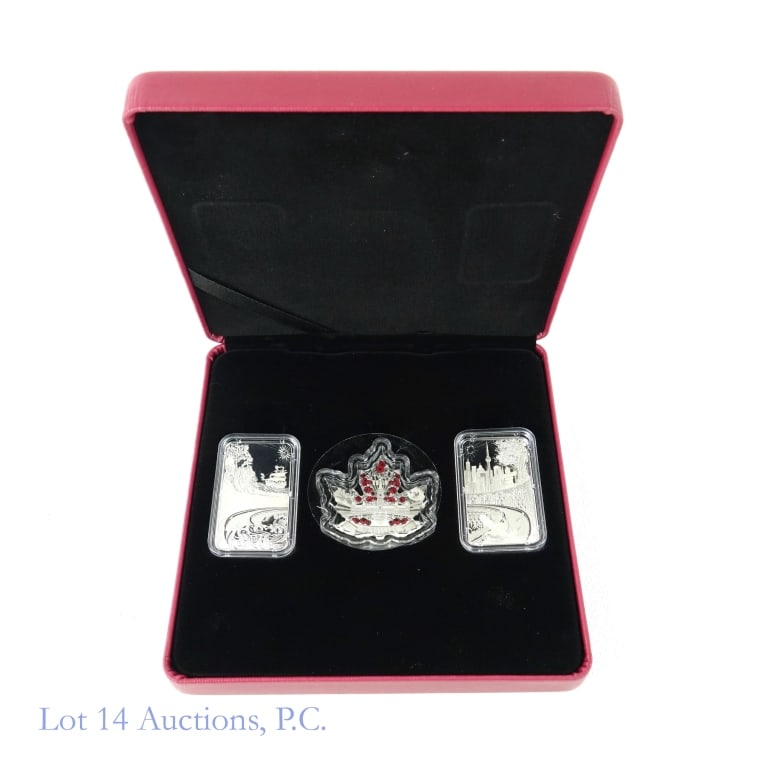 RCM 2018 Silver 3-Coin Beneath Thy Shining Skies: Royal Canadian Mint 2018 silver 3-coin set - "beneath thy shining skies" in OGP. Two (2) rectangular $50 silver coins and one (1) $10 maple leaf shaped coin. The reverse design spans all three coins f