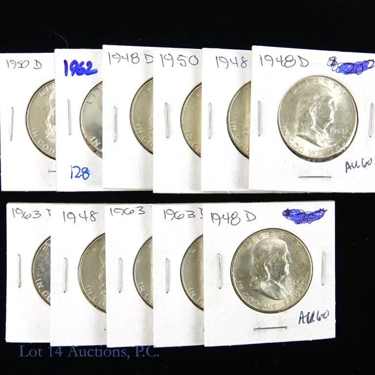 Silver Franklin Half Dollar (11): Eleven (11) silver Franklin half dollars (Philadelphia, Denver Mints) as follows: ---1948-D (5); ---1950 (1); ---1950-D (1); ---1962 proof FBL? (1); and 1963-D (3) Consignor grades coins AU+. Metal is