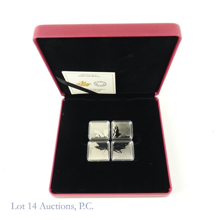 RCM 2017 $3 Silver Maple Leaf Quartet (4): Four (4) Royal Canadian Mint 2017 $3 silver coins in OGP in reverse proof finish. Set of four fits together like pieces of a puzzle, forming the shape of a sugar maple leaf. Metal is 99.99 silver and