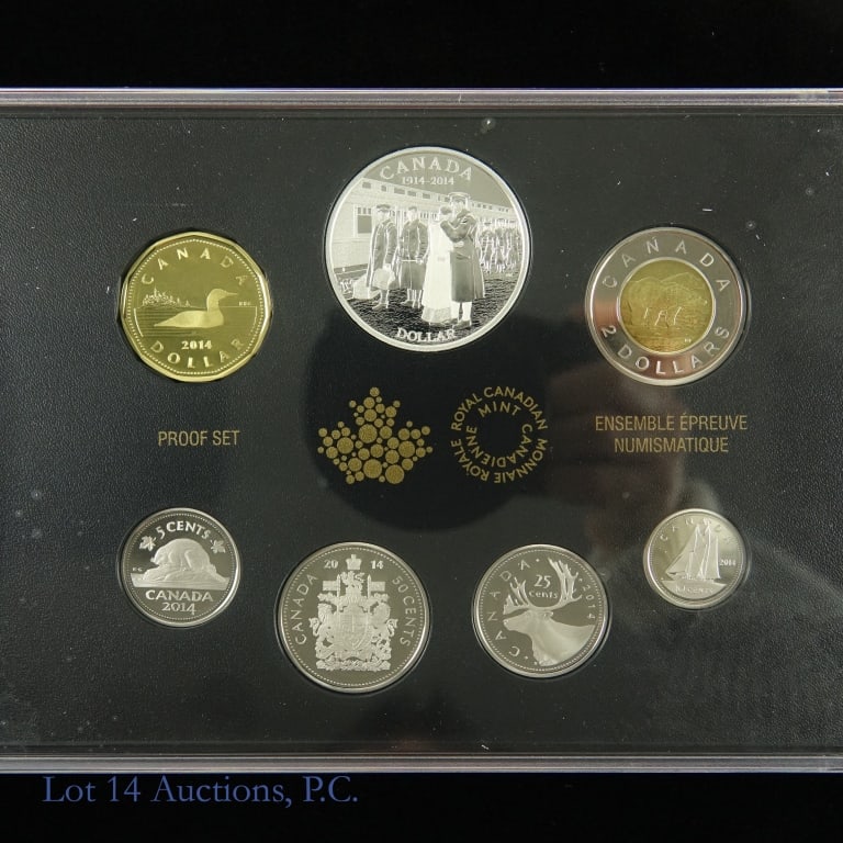 RCM 2014 Silver Proof WW1 100th Anniversary Set: Royal Canadian Mint 2014 silver dollar proof 7-coin set in OGP commemorates 100th Anniversary of WW1's declaration. Silver dollar coin reverse depicts a couple's emotional farewell as the first wave o