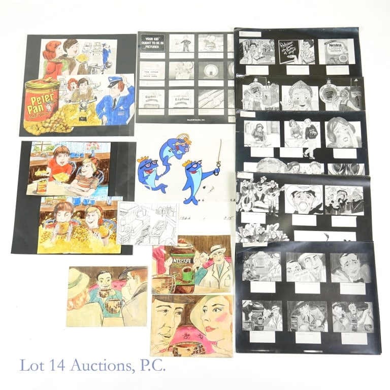 Original 1980s Advertising Art & Storyboards: Collection of 1980s original advertising artwork and storyboards for television commercials. The highlight includes three transparencies with Starkist's Charlie the Tuna artwork. Other artwork and sto