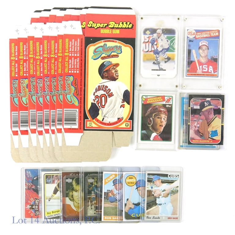 Collection Of Baseball Cards: There is a wide variety of baseball cards in this collection. Start with a full collection of al 8 1985 Donruss Super Bubble Slugger baseball cards. Now add in 3 Ron Santo Topps cards, one each from 1