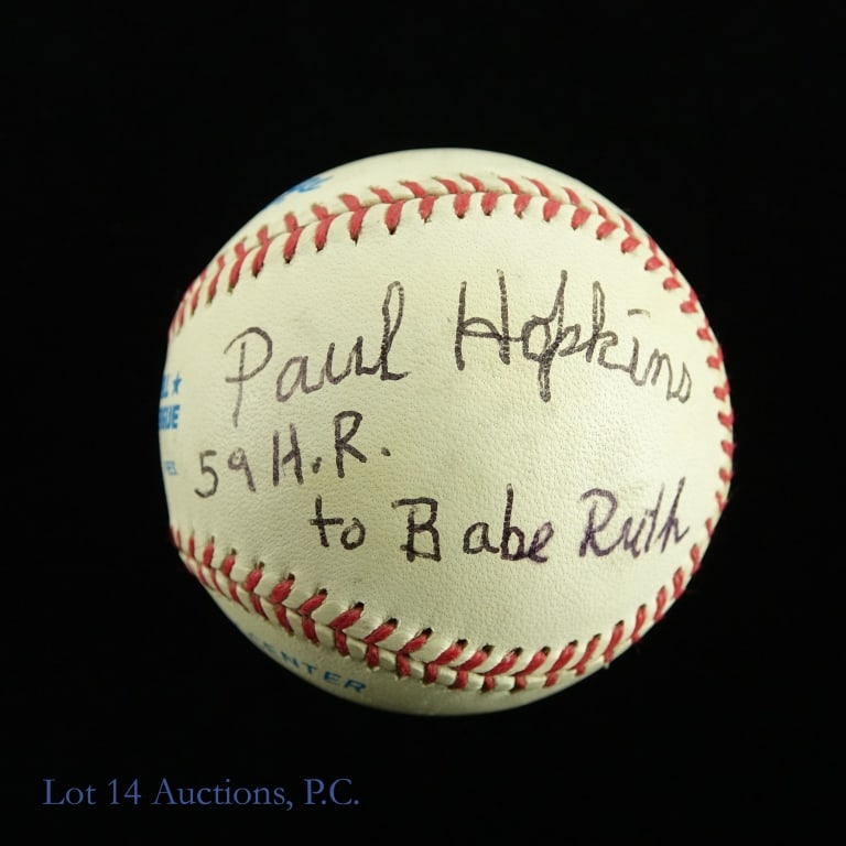 Paul Hopkins 59 HR to Babe Ruth Signed Baseball: On September 27, 1927, Hopkins threw a pitch that Babe Ruth would hit for his 59th home run of the season, tying the record Ruth had set back in 1921. Hopkins signed across the sweet spot and added th