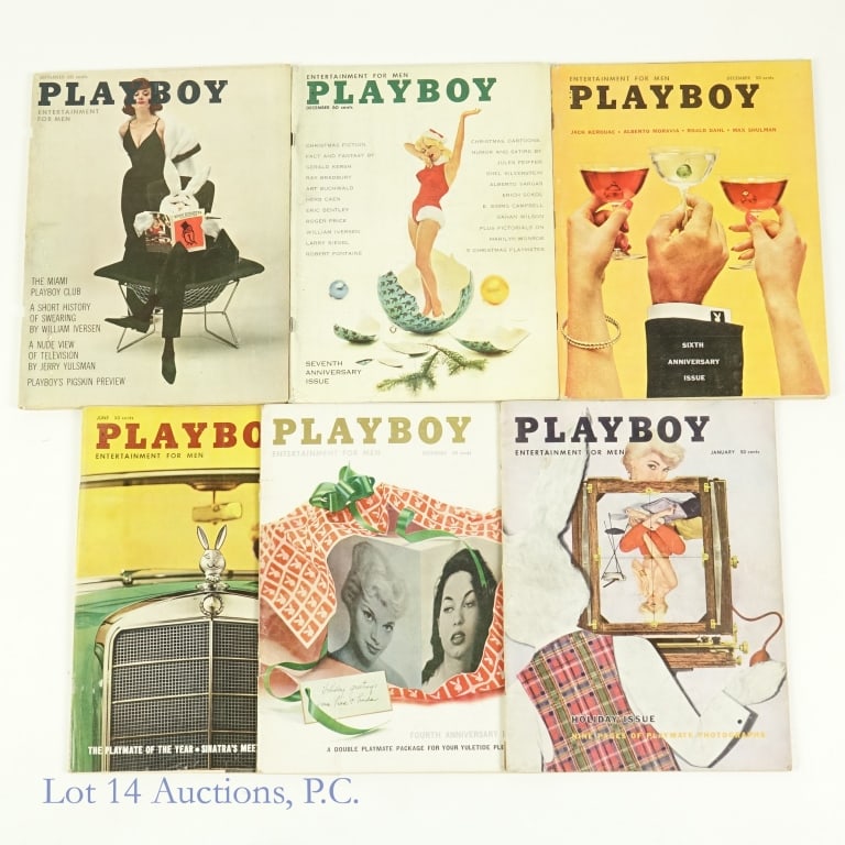 Playboy Issues 1956-1961 (6): Playboy Issues 1956-1961 (6). Assortment of Playboy magazines ranging from 1956 to 1961. 1956- January. 1957- December. 1959- December. 1960- June, December. 1961- September. All have centerfolds, alt