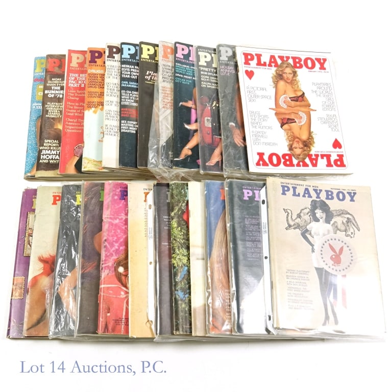 1968, 1978 Playboy Magazines, Full Run (24): Full Run 1968 and 1978 Playboy Magazines (24). January through December issues of Playboy magazine from 1968 and 1978 with one Playboy storage box. Scuff marks on box. Condition varies on magazines. A