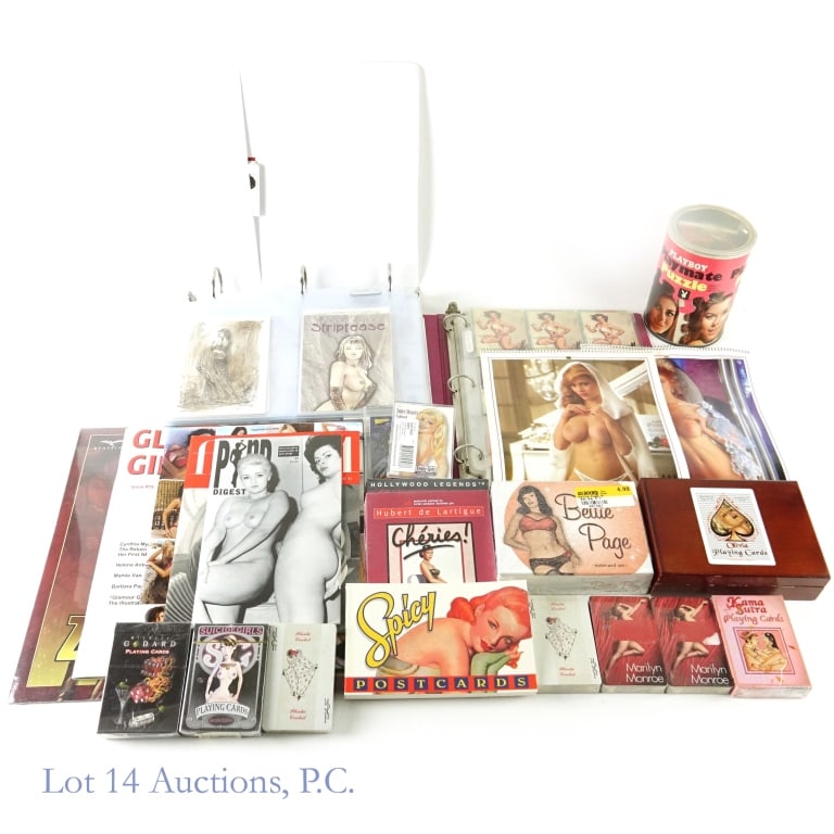 Art Connoisseur Adult Card Collection (+40): Mature. Art Connoisseur Collection. A collection of adult playing cards, postcards, artwork, calendars, magazines and a Playboy Playmate jigsaw puzzle featuring a classic theme. Pinups, Bettie Page, V