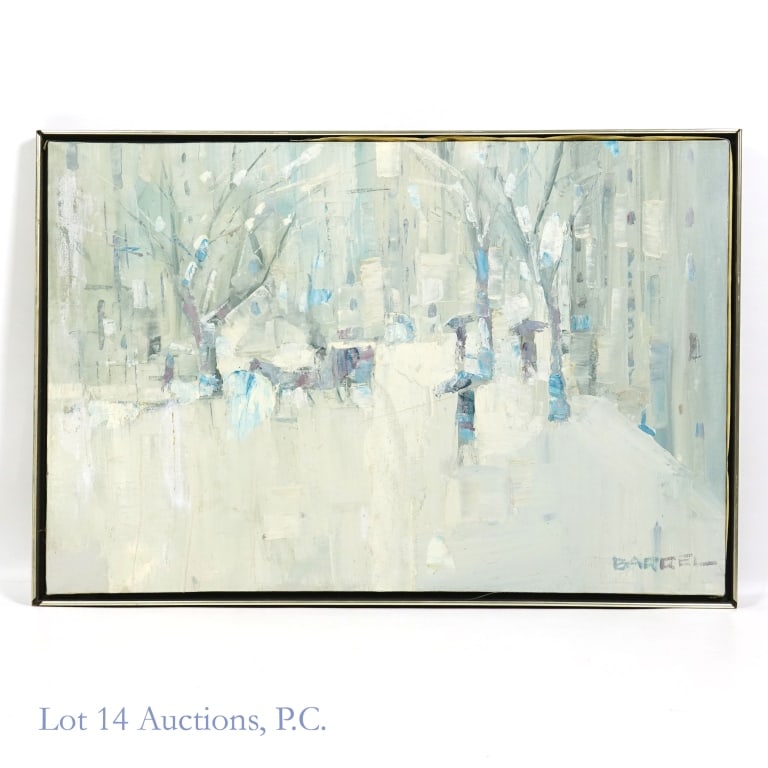 George Barrel / Italo Botti (1923-2003) Oil/Canvas: George Barrel / Italo Botti (American 1923 - 2003) oil on canvas, approximately 36 x 24". The black tape which is wrapped around the stretched canvas is peeling, some craquelure is visible, especially