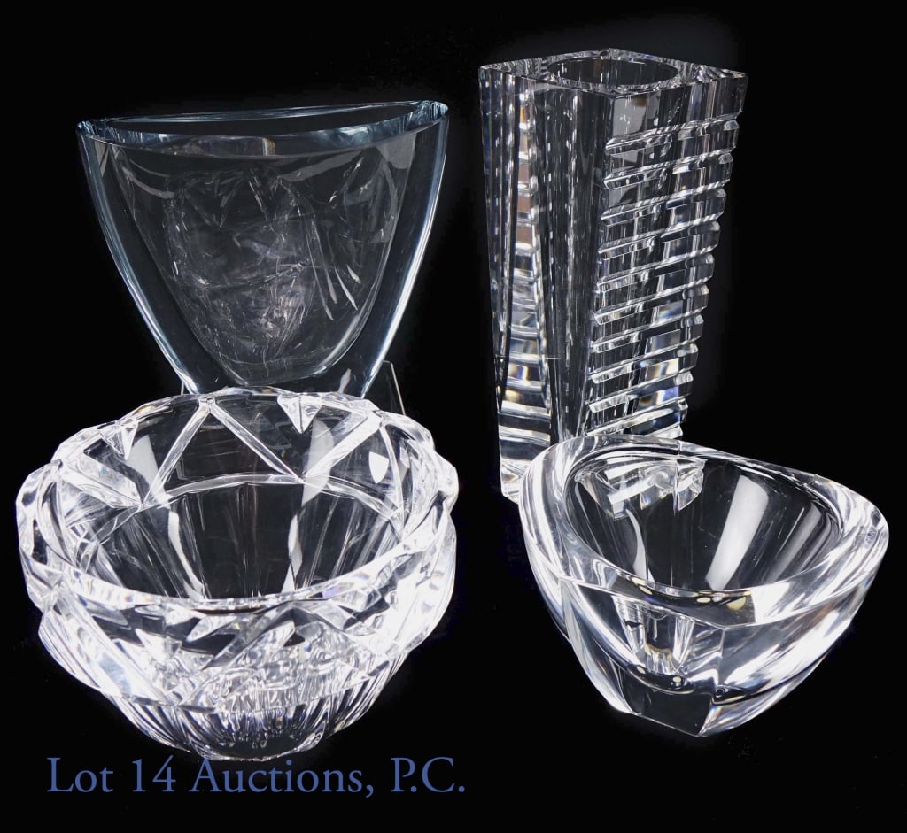 Orrefors and Stromberg Vase and Bowl Glass Set: Orrefors Tall Vase approximately 8.5"s tall signed and numbered 215022-22. Diamond shaped with notched design on one side with original sticker. Orrefors oblong bowl approximately 3.5" tall and 5.25"