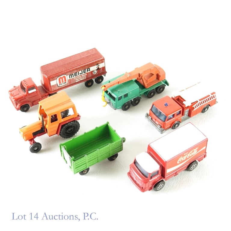 Tootsie Toys, Matchbox, & Corgi Toy Trucks: 1-Matchbox Series 29- Fire Pumper Truck. 2-Matchbox Series 30- Eight Wheel Crane. Slight paint loss around edges. 3-Tootsie Toy Stake Trailer circa 1969. 4-Tootsie Toys Meijer Thrifty Acres Semitruck,