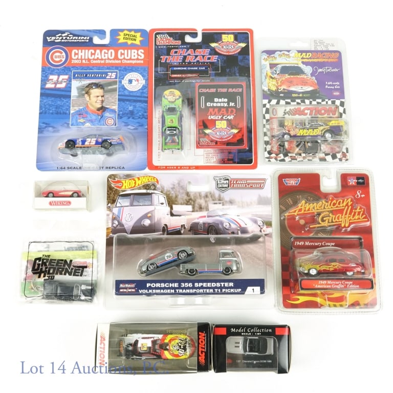 9 Sealed NOS Die Cast Promo / Mailaway Cars: Nine die cast cars, still in original packaging which were all promotional and/or mail-a-way cars. 2018 Hot Wheels Porsche 356 Speedster with T1 Transporter Pickup. 1998 MAD (Magazine) Racing Jerry To