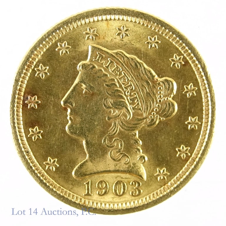 1903 $2 1/2 Liberty Head Gold Dollar (BU): 1903 $2 1/2 liberty head gold dollar coin (Philadelphia Mint). Per consignor, grades BU. Metal is 90% gold and weighs 4.18 grams. Mintage is 201,060 with PCGS survival estimate of 9,000 (R-3.2) in gra