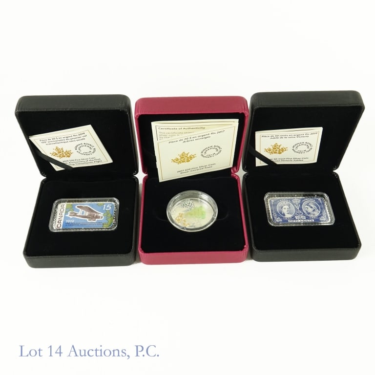 RCM $10 Silver Commemorative Coins (3): Three (3) Royal Canadian Mint 99,99% pure silver limited-mintage silver commemorative coins as follows: ---2017 $20 silver snow-covered trees coin. Weighs 31.39 grams. Numbered 873 out of 7,000; ---20