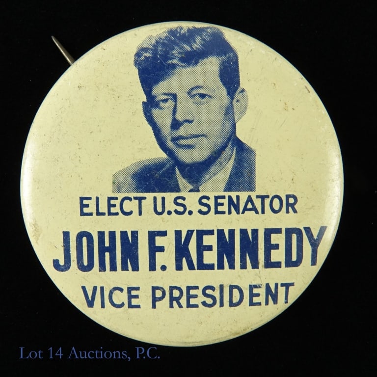 1956 2.25 inch JFK For Vice President Litho Button: Rare presidential campaign litho button reads "Elect U.S. Senator John F. Kennedy Vice President" in white and blue. Measures approximately 2.25 inches. Used at the 1956 Chicago convention to promote