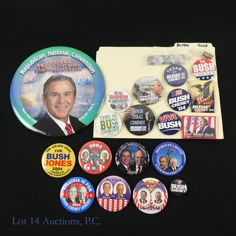 2004 Bush-Cheney Campaign Items (24): Twenty-four (24) 2004 George Bush and Dick Cheney presidential re-election campaign items in various colors, shapes, sizes and themes including ---2004 9 inch George Bush RNC Wisconsin Delegation New 