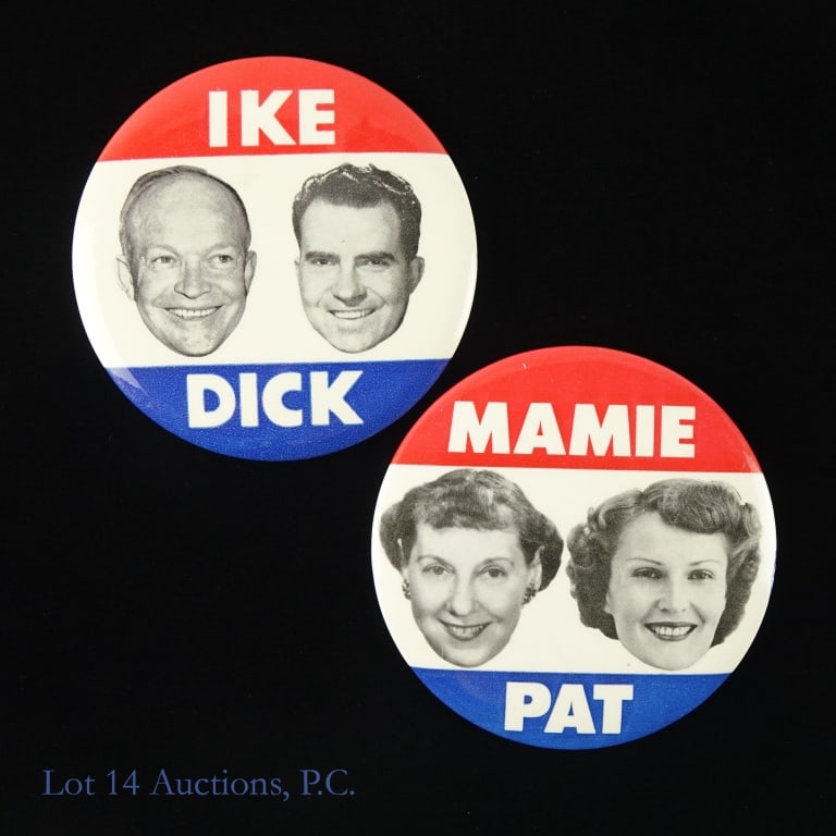 1952 3.5" Ike-Dick & Mamie-Pat Campaign Pins (2): Two (2) Eisenhower and Nixon Presidential campaign buttons as follows: ---3" IKE-Dick red, white and blue button with candidate's pictures; and ---Mamie-Pat red, white and blue button with pictures of