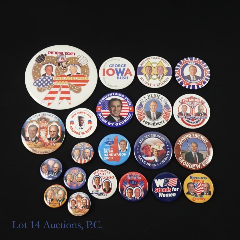 2000 Bush-Cheney Campaign Items (21): Twenty-one (21) 2000 George Bush and Dick Cheney presidential re-election campaign items in various colors, shapes, sizes and themes including a 2000 6 inch George W. Bush - Richard B. Cheney The Tota
