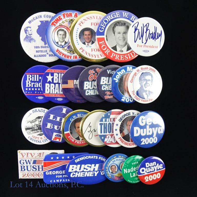 2002/'04 Select Pres. Candidates Buttons (25): Twenty-five (25) various size, shape and color 2002 and 2004 select presidential candidates, including Bush/Chaney, Nader/LaDuke, Bradley, McCain, and Thompson. Collection displayed in case. ***Lot 14