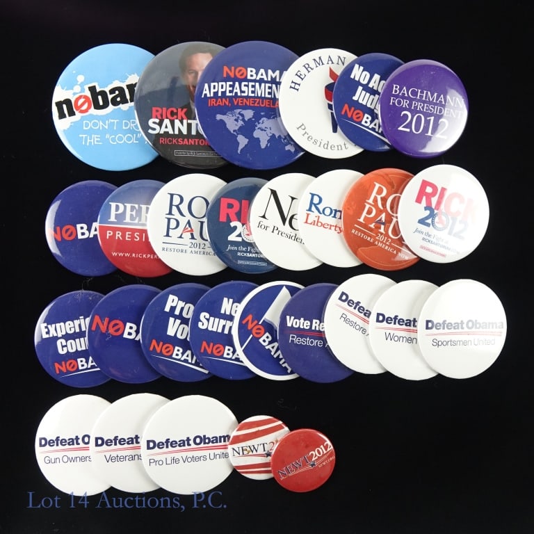 2012 Republic Presidential Candidates Buttons (28): Twenty-eight (28) various size, shape and color 2012 Republican presidential candidates and anti-Obama buttons, including Bachmann, Newt, Paul, Perry, and Santorum. Collection displayed in case. ***Lo