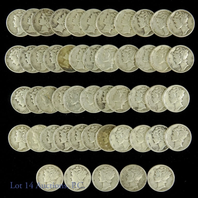 Silver Mercury Dimes Roll Count (50): Silver Mercury Dimes (N=50) 90% Silver. Weighed 123.4 grams on our digital scale.