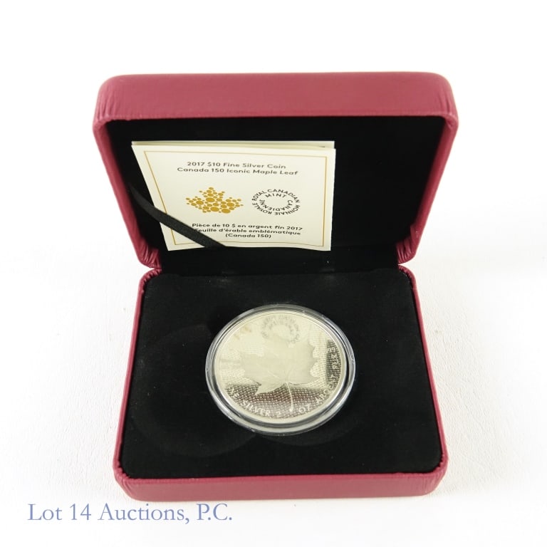 RCM 2017 $10 2 ozt. Silver Maple Leaf Coin: Royal Canadian Mint 2017 $10 silver maple leaf 150th anniversary coins. Metal is 99.99% silver and weigh 62.69 grams (2 troy ounce), Numbered 3,716 out of 6,000. Commemorates 150th anniversary of Cana