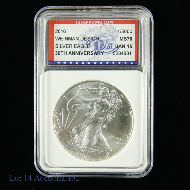 2016 American Silver Eagle $1 (IGS MS70): 2016 American silver eagle dollar. FDOI - 30th anniversary. IGS graded MS70. Metal is .999 silver and weighs 31.103 grams (one ounce).