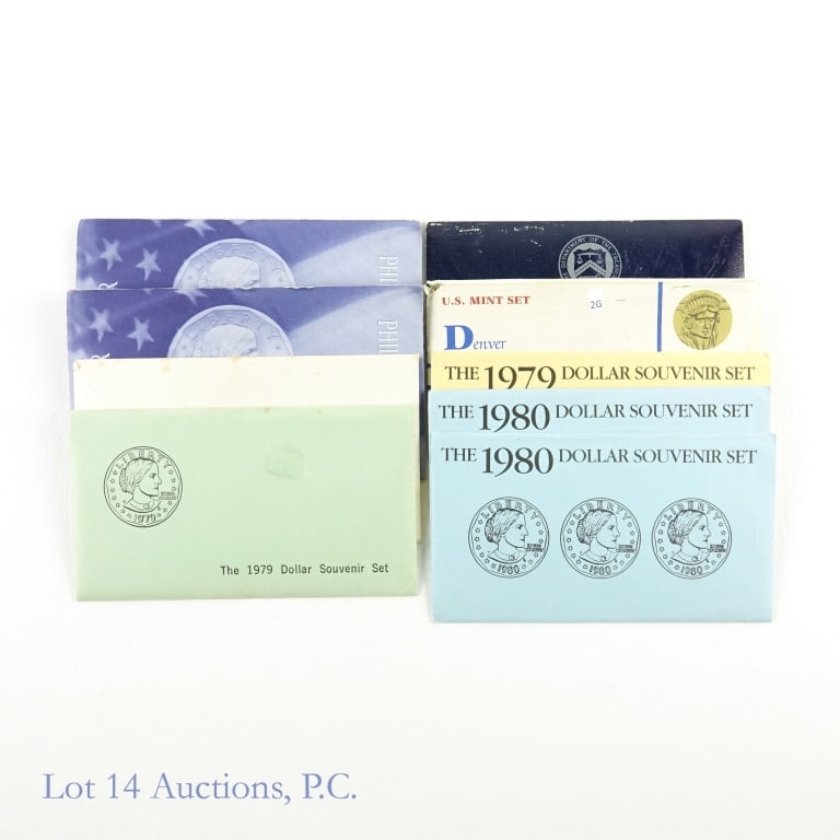 Various U.S. Mint Sets (9): Ten (10) U.S. Mint sets as follows: ---1971-S Eisenhower Uncirculated Silver Dollar; ---1979 dollar souvenir 3-coin set; ---1979 dollar souvenir 3-coin set; ---1980 dollar souvenir 3-coin set (2); ---