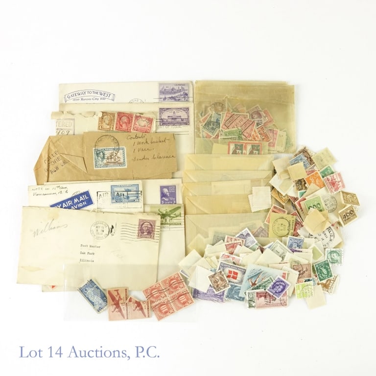 U.S. & World Stamps - Mostly Cancelled (200+): Over two hundred (200+) United States and world mostly cancelled postage stamps both loose and on envelopes including: ---1938 Chicago stock yards cancelled 3 c stamp; ---1938 first day of issue 3 cen
