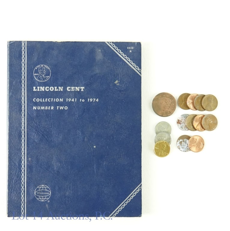 Large Cent & Lincoln Cents Album (about 91 coins): Estimated ninety-one (91) cents as follows: ---1853 braided hair large cent (Philadelphia Mint), per consigner is red brown and grades F-12. Mintage is 6.6 million; and ---Lincoln cent blue Whitman al