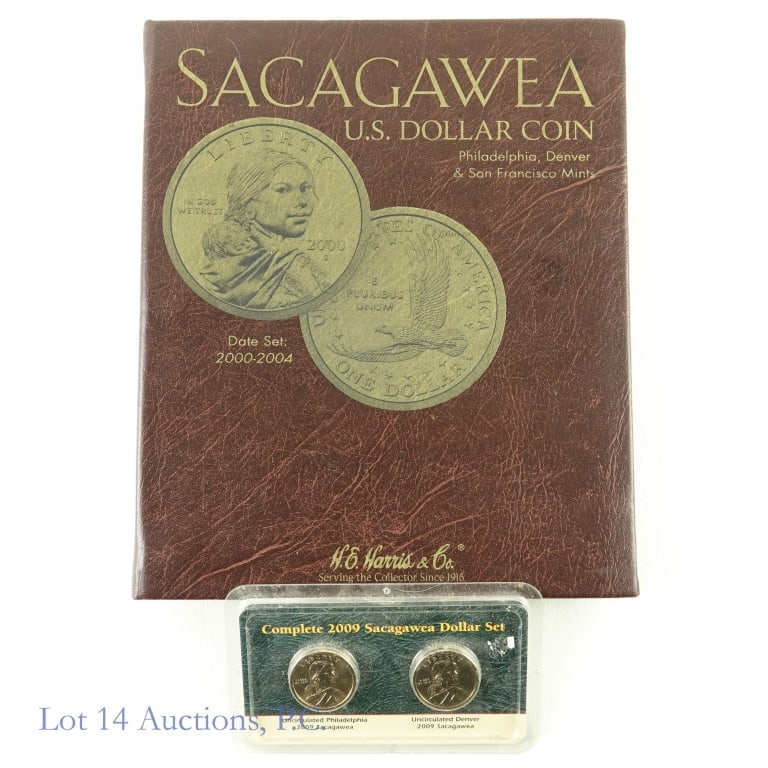 2000 to 2004, 2009 Sacagawea Dollars (17 Coins): Fifteen (15) Sacagawea dollars in a brown Harris Album (Philadelphia, Denver, San Francisco Mints) dates 2000 to 2004. Also includes two (2) 2009 Sacagawea dollar set in Littleton Coin Company holder.