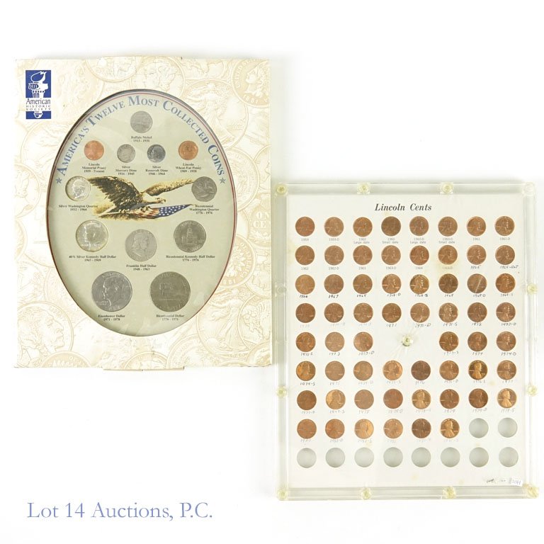U.S. Type Coins & Lincoln Cents Sets (2): Two (2) United States coin sets as follows: ---America's Twelve Most Collected Coins (12 type coins) includes the 90% silver mercury dime, Roosevelt dime, Washington quarter, and Franklin half dollar.