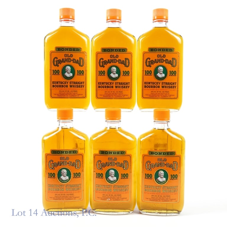 Old Grand-Dad Bonded Kentucky Bourbon 6 x 375ml: Six bottles of Old Grand-Dad Bonded Kentucky Straight Bourbon Whiskey. Bottled in bond (100 proof). 375 ml. 1994..****Bottles show various signs of wear on front and back labels, including stains and