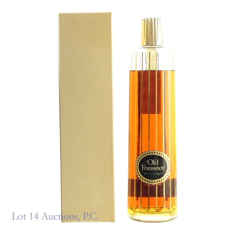 1961 Old Forester BIB Bourbon Decanter OPENED*: Old Forester Bottled-In-Bond Bourbon, 100 Proof, 4/5 Quart. Bottled: Fall 1961, Made: Spring 1956. Brown Forman Distillers Bottle #A843362****Tax strip is BROKEN and the fill is about 1/2 inch below t