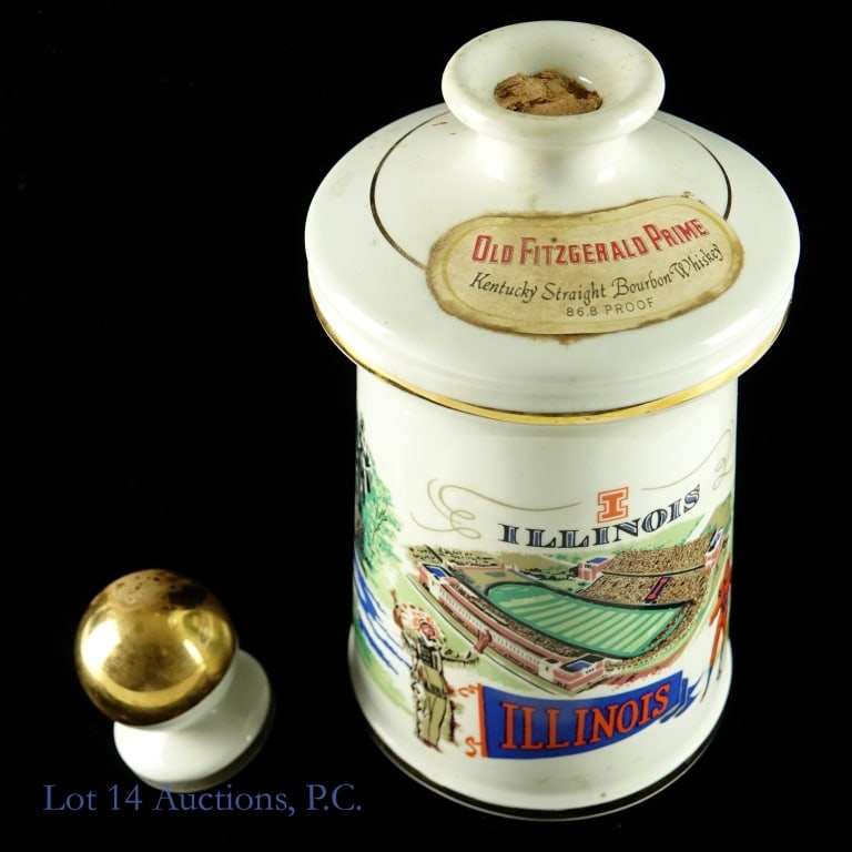 1972 Old Fitzgerald Prime Stitzel-Weller Decanter*: Old Fitzgerald 7 Year Prime Bourbon (Stitzel-Weller), 86.8 Proof, 4/5 Quart, Vintage University of Illinois Porcelain Decanter, Tax strip WAS intact but broke in handling. Cork slightly exposed.