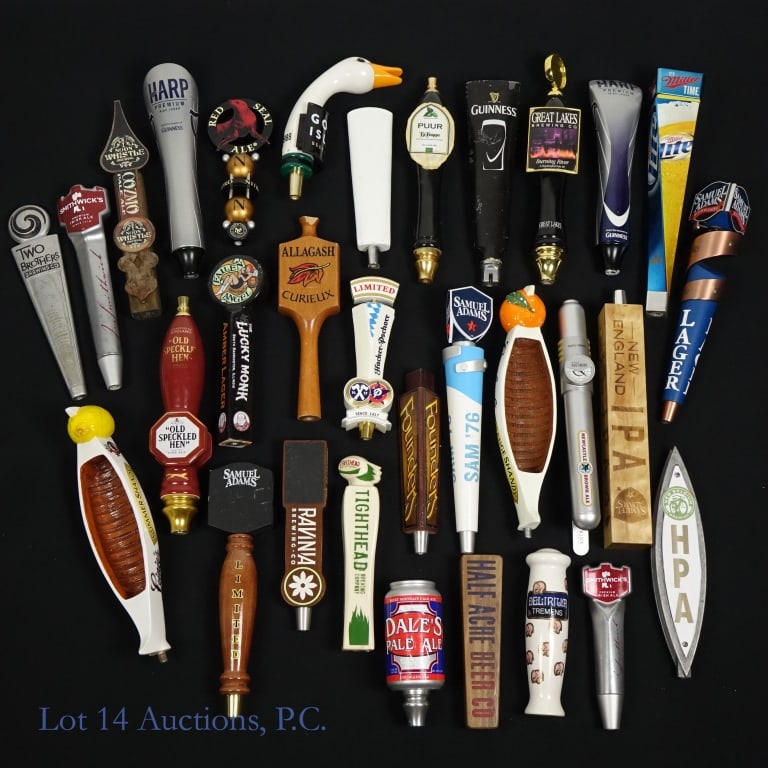 Beer Bar Tap Draught Handles (31): 1-Miller Lite Beer Tap Handle. 2-Samuel Adams Limited Beer Tap Handle. 3-Samuel Adams Sam '76 Beer Tap Handle. 4-Samuel Adams Boston Lager Beer Tap Handle. 5-Samuel Adams New England IPA Beer. 6-Goose