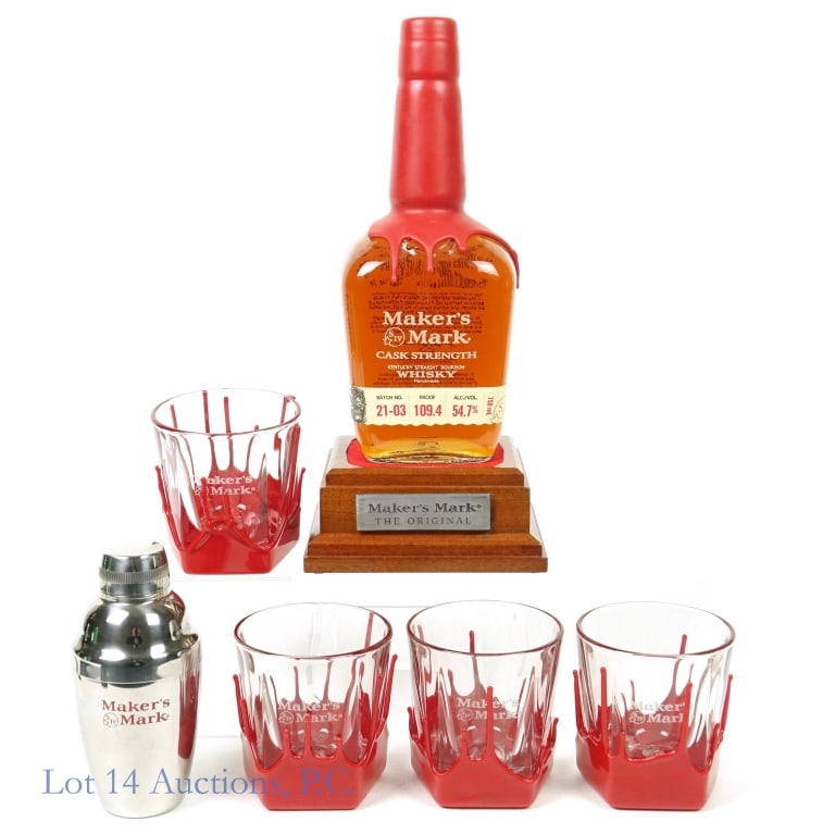 Maker's Mark Bourbon Gift Set: Maker's Mark Cask Strength Bourbon, 109.4 Proof, 750 ml, Batch #21-03, Gift Set includes: Maker's Mark wooden bottle stand, 4 red waxed Maker's Mark drinking glasses, and a mini Maker's Mark cocktail 
