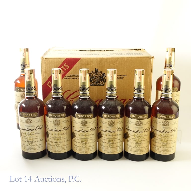 1955 Canadian Club 6 Yr Whisky Set of 8 (1 Quart): Canadian Club 6 Year Blended Canadian Whisky, 90.4 Proof, 1 Quart, Distilled: 1955 (x8). Please note that all bottles have various forms of staining and overall wear to labels and tax strips. All bott