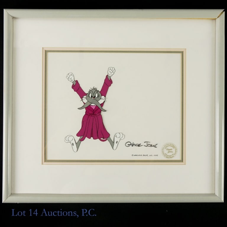 Signed 1979 Chuck Jones Bugs Bunny Production Cel: Autographed Chuck Jones 1979 Warner Bros Bugs Bunny Animation Production Cel (Linda Jones Seal COA). (20x17). This signature and production cel are guaranteed to be authentic by Linda Jones the daught