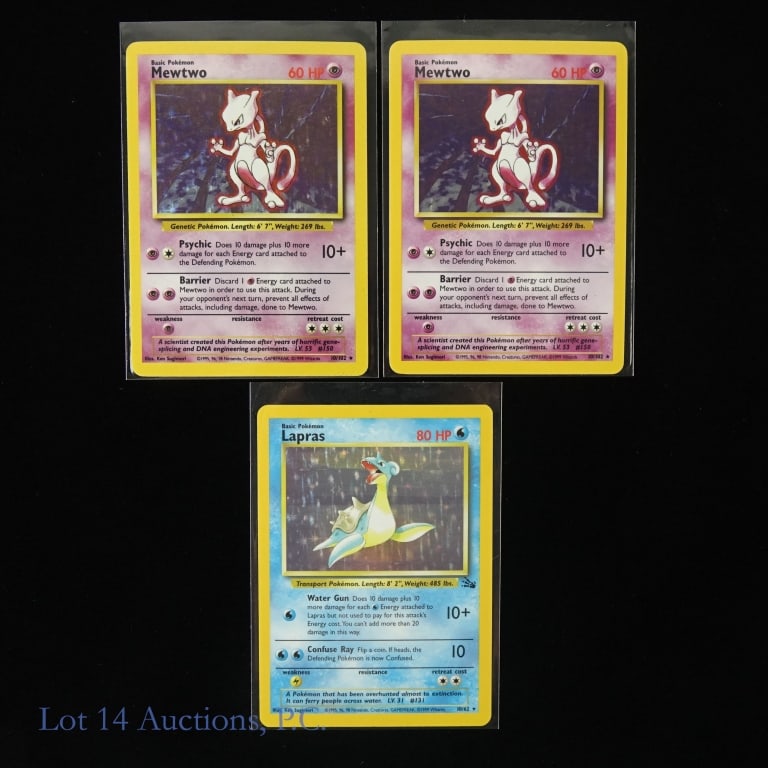 1999 Pokemon Base Set Unlimited & Fossil Cards (3): 1999-2000 Pokemon - Base Set Unlimited - Fossil Pokemon Trading Cards (3 Cards Total). Includes: (2x) Mewtwo #10 (Holo), & Lapras #10 (Holo). Please see images for details regarding condition.