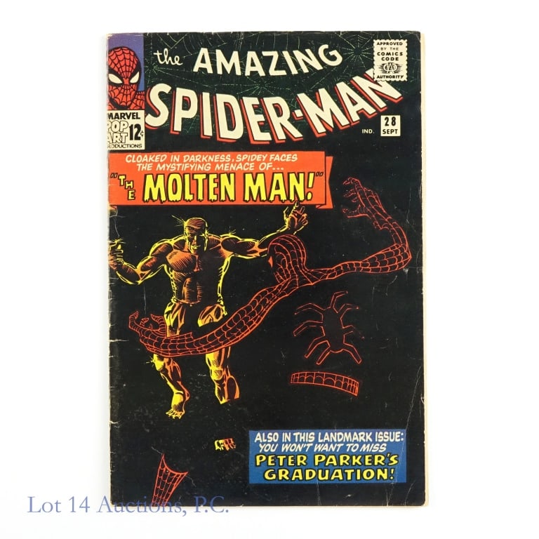 Marvel Comics The Amazing Spider-Man #28 (1965): Marvel Comics The Amazing Spider-Man #28 (1965). Story by Stan Lee. Art & Illustrations by Steve Ditko. Cover by Steve Ditko. This is considered the 1st appearance & origin of Molten Man. Also in this