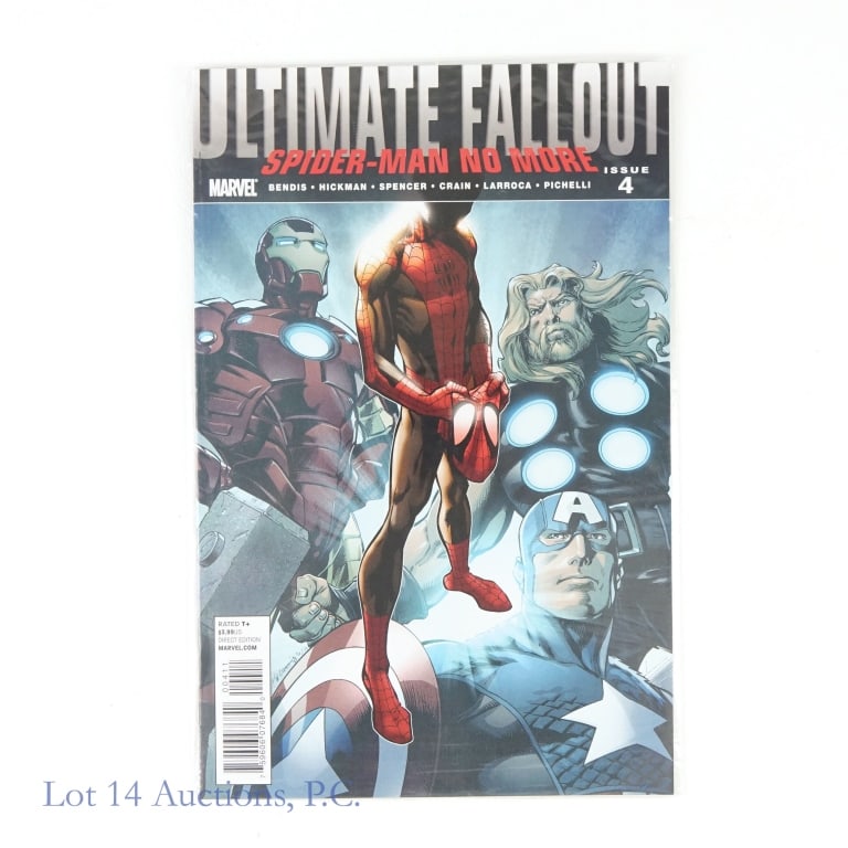 Marvel Comics Ultimate Fallout #4 (2011): Marvel Comics Ultimate Fallout #4 (2011). Story by Jonathan Hickman. Art & Illustrations by Salvador Larroca. Cover by Mark Bagley. Ultimate Fallout #4 is the 1st appearance of Miles Morales (Spider-M